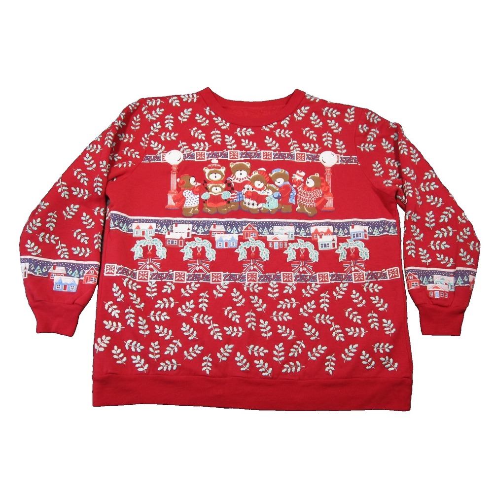 Vtg‎ Teddy Bear Christmas Sweatshirt XL Red Textured Kitsch Grandma Holiday 80s